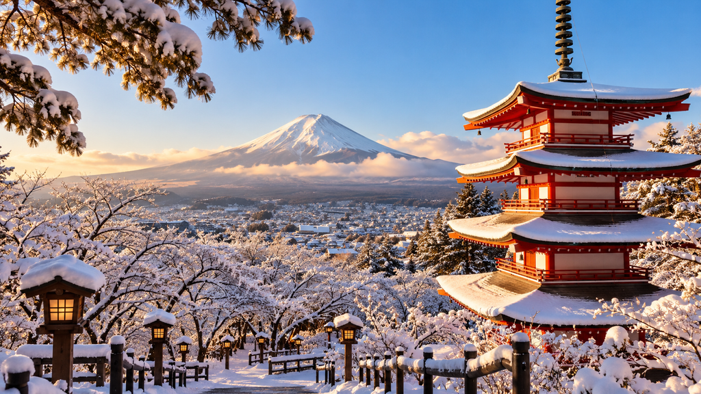 Japan in January with snow, Mount Fuji and Chureito Pagoda